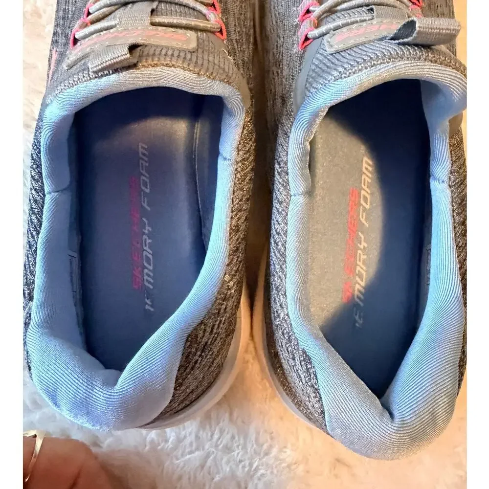 Skechers 8.5 Gray Pink Memory Foam Slip On Walking Sneakers